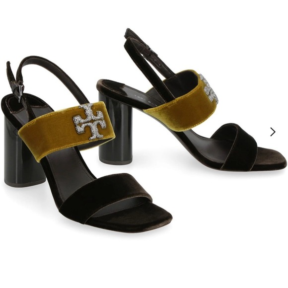 Tory‎ Burch Eleanor Pave Heel Sandal Velvet Leather Pumpkin Seed Sz 9.5 498$ - Picture 1 of 10